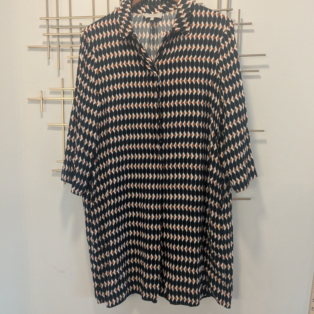Hobbs London Shirt Dress Black Orange Geometric Diamond Print Sz 10 Mod Retro